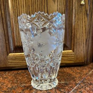 Lead Crystal Cut Crystal Vase w/ Etched Flowers & Leaves